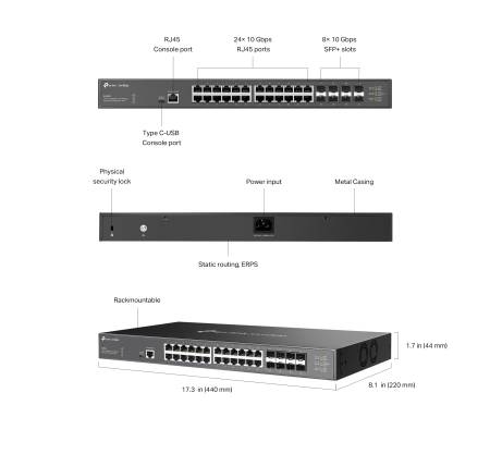 24-портов 10GBASE-T L2+ управляем комутатор с 8 10GE SFP+ слота TP-Link Omada SX3832