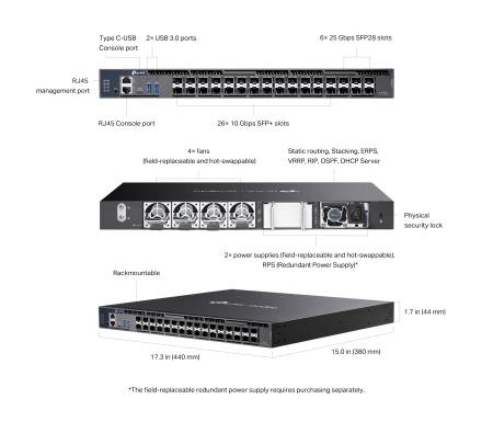 26-портов 10G модулен L3 управляван агрегационен комутатор с 6 25G слота TP-Link Omada SX6632YF