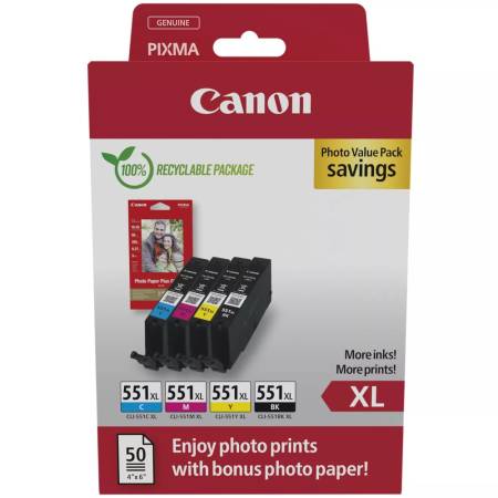 Canon CLI-551XL C/M/Y/BK Photo Value Pack + Canon Plus Glossy II PP-201