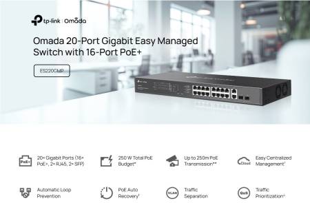20-портов комутатор TP-Link Omada ES220GMP Gigabit Easy Managed Switch с 16 PoE+ порта