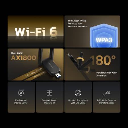 Безжичен 2-лентов USB адаптер с висок коефициент на усилване Mercusys MA72XH AX1800