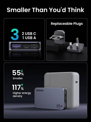 Ултратънко 3-портово бързо зарядно устройство Ugreen Nexode Pro 25356 65W GaN