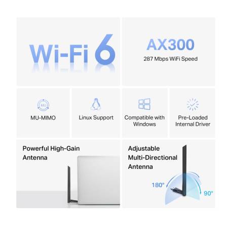 Безжичен USB адаптер с високо усилване Wi-Fi 6 Mercusys MA14H AX300