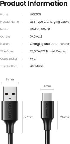 Кабел Ugreen - US287 (60116) USB-A / USB-C – 3A
