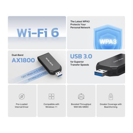 Безжичен USB адаптер Mercusys MA70XM Wi-Fi 6 AX1800