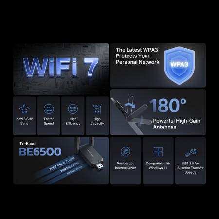 Безжичен USB адаптер с висок коефициент на усилване Mercusys MA37BEH BE6500 Wi-Fi 7