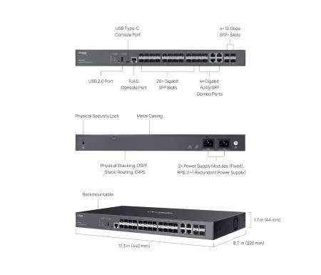 24-портов SFP Stackable Lite L3 управляван комутатор TP-Link Omada Campus SG5428XF с 4&times; 10G порта