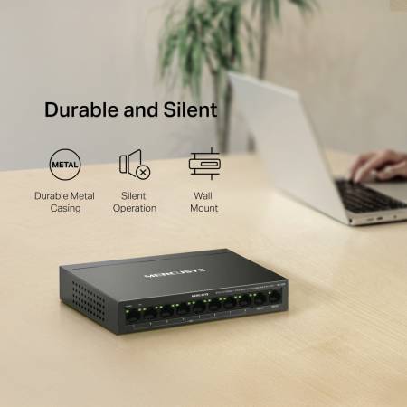 8-портов 10/100 Mbps + 2-портов Gigabit Desktop комутатор Mercusys MS110CP с 8 PoE+ порта