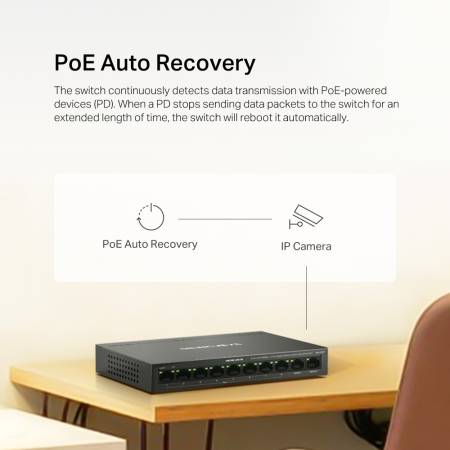 8-портов 10/100 Mbps + 2-портов Gigabit Desktop комутатор Mercusys MS110CP с 8 PoE+ порта