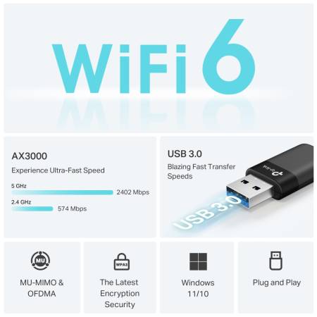 Двубандов Wi-Fi 6 безжичен USB адаптер Tp-Link&nbsp;Archer TX50U AX3000