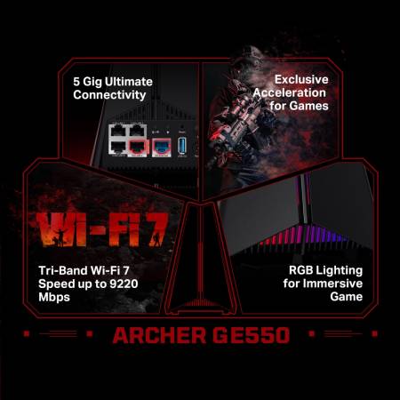 Трибандов Wi-Fi 7 геймърски рутер TP-Link Archer GE550 BE9300