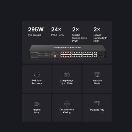 24-портов 10/100 Mbps + 2-портов Gigabit Rackmount комутатор с 24 PoE+ порта Mercusys MS126CP