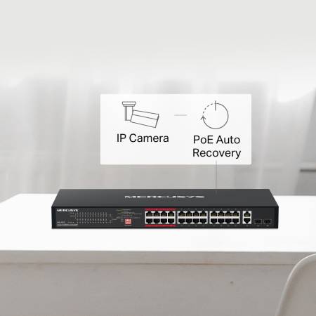 24-портов 10/100 Mbps + 2-портов Gigabit Rackmount комутатор с 24 PoE+ порта Mercusys MS126CP