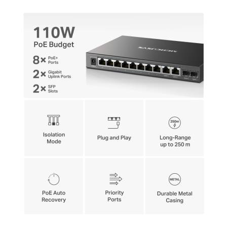 12-портов гигабитов настолен комутатор с 8 PoE+ порта Mercusys MS112GMP